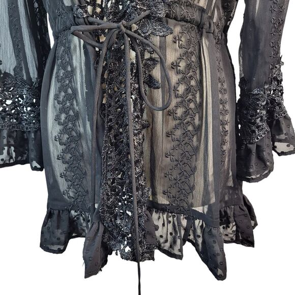 NEW POL Small Black Sheer Lace Lingerie Cover-Up / Robe / Wrap Tassel Embroidery - Picture 12 of 16